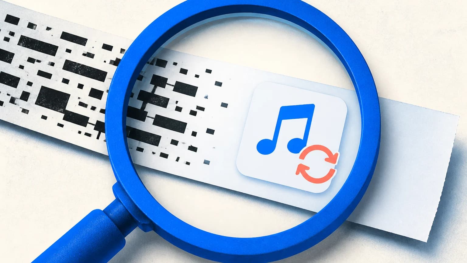 A magnifying lens transforms scrambled blocks on a statement strip into a clear recurring music subscription tile