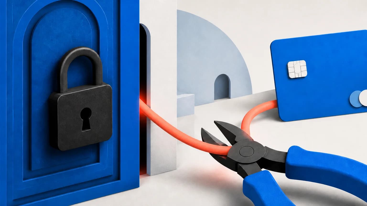 A locked blue door is bypassed by a recurring payment cable being cut before it reaches a bank card