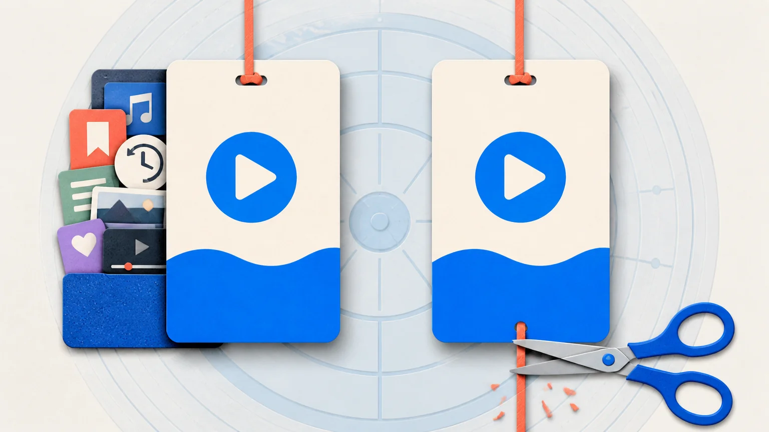 Two identical subscription cards hang side by side, one holding a media library while scissors cut the empty card's payment cord
