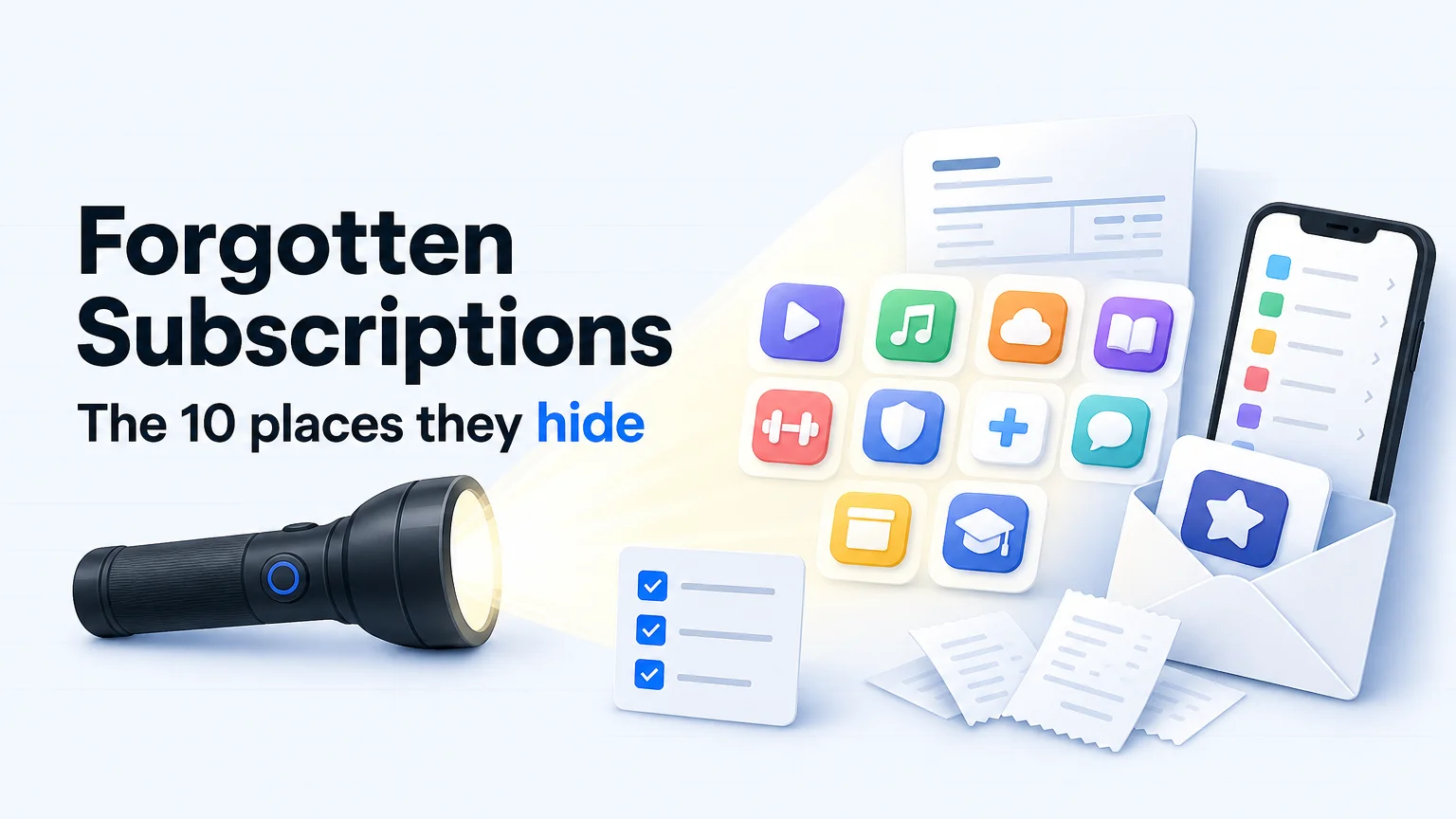 Una linterna iluminando tarjetas de suscripciones olvidadas escondidas entre extractos, tiendas de apps y correos