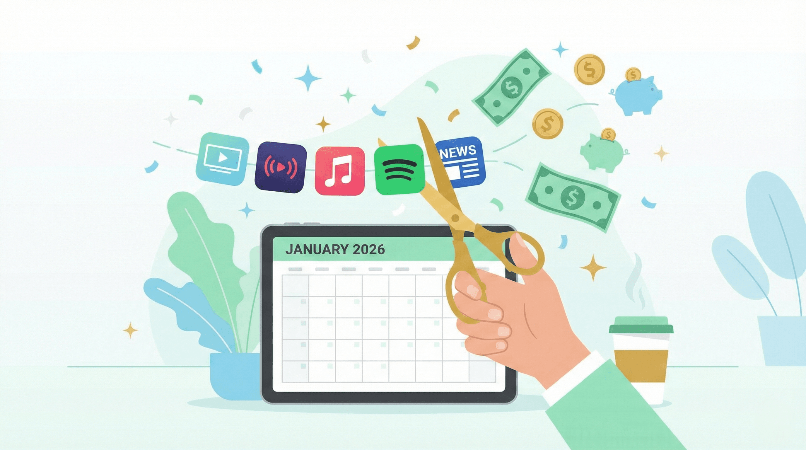 A fresh start for 2026: calendar showing January with subscription apps being cut and money being saved, representing a new year subscription detox challenge
