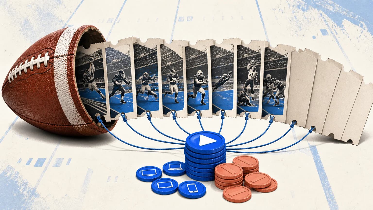 An American football unfolds into game tickets connected to stacks of streaming and payment tokens