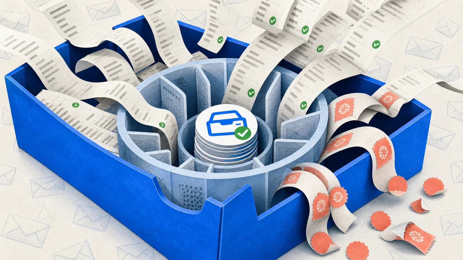 Tiras de recibos caen en un clasificador azul que conserva las suscripciones verificadas y descarta las etiquetas promocionales