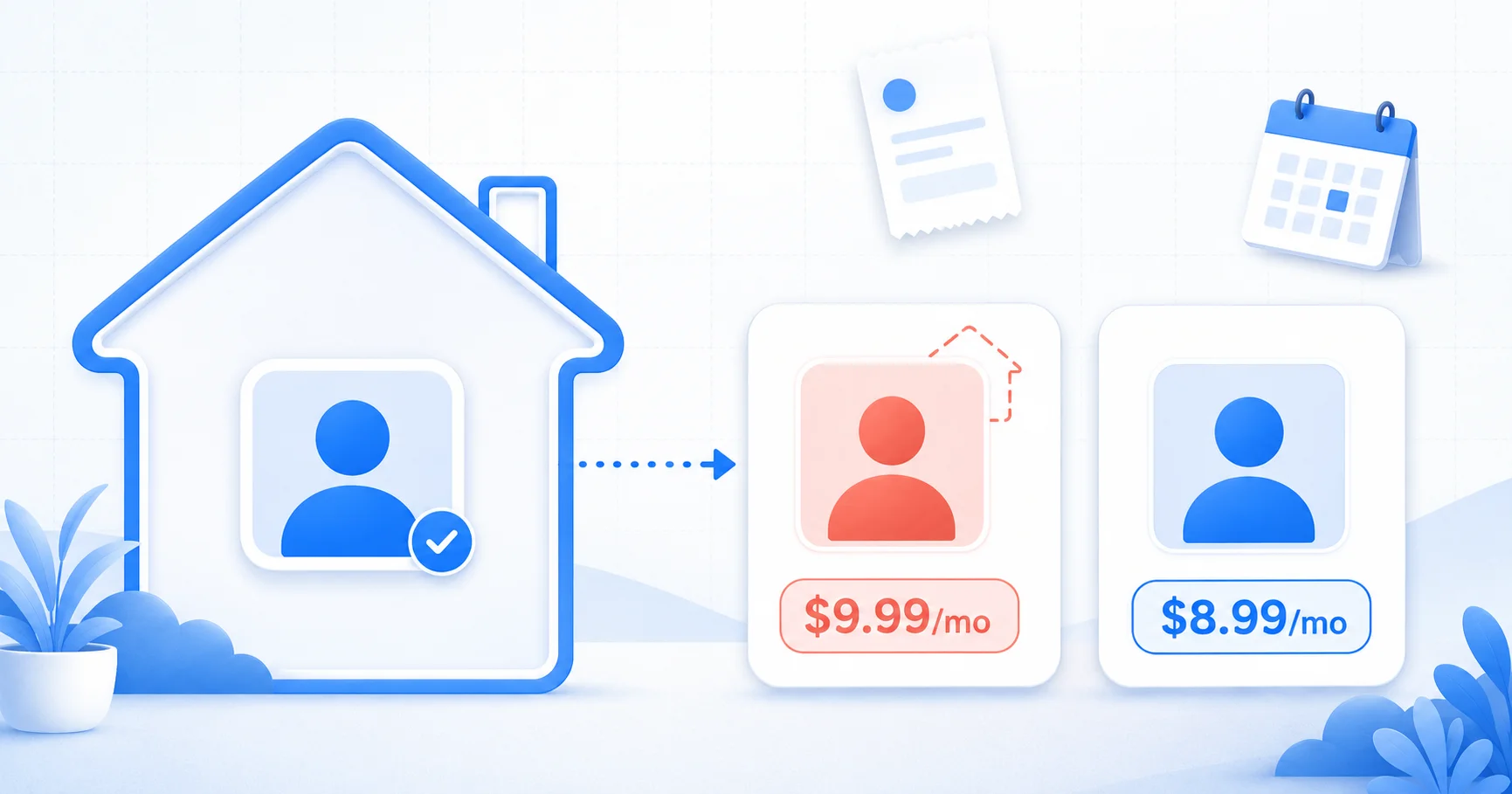 A streaming profile card labeled 'extra member' with a $9.99 price tag sitting next to a separate standalone account card priced lower, on a clean white background with blue accents