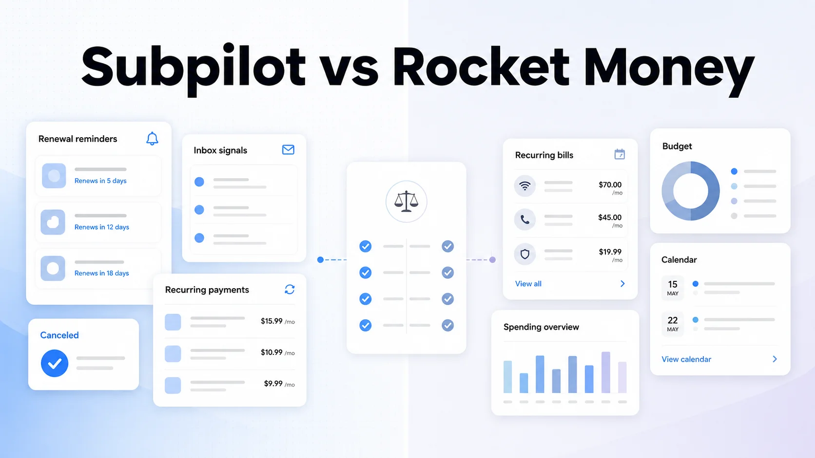 Subpilot vs Rocket Money comparison illustration with two balanced product columns, subscription cards, and a clean SubBuddy-style decision panel