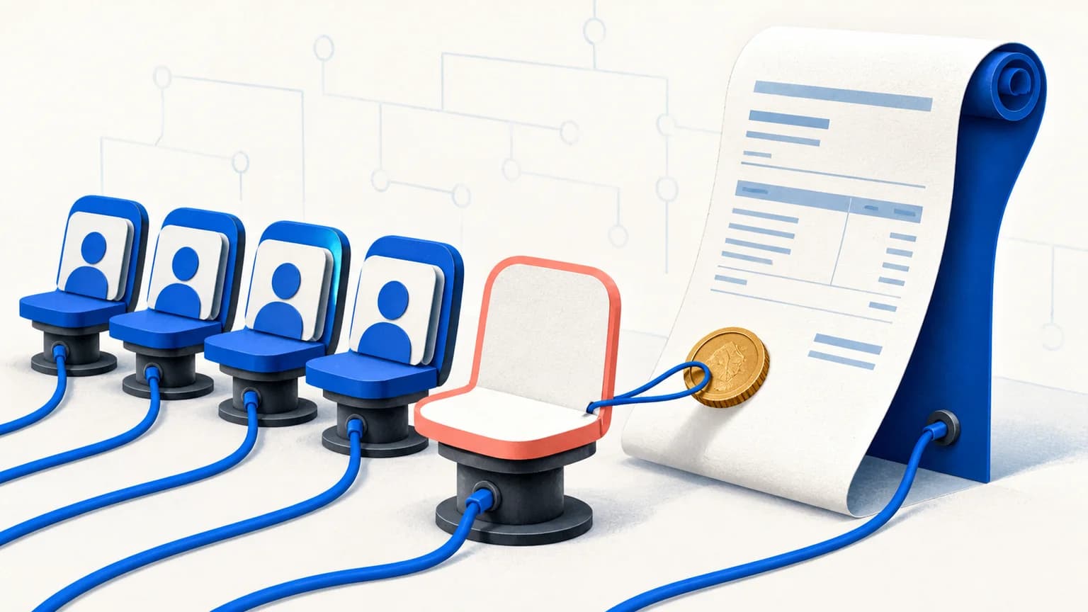 Four occupied seat tokens and one empty seat remain connected by billing cables to a single invoice roll