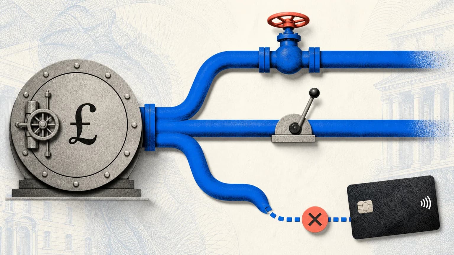 A pound-marked bank vault feeds three payment pipes with different shutoff mechanisms, one ending at a card