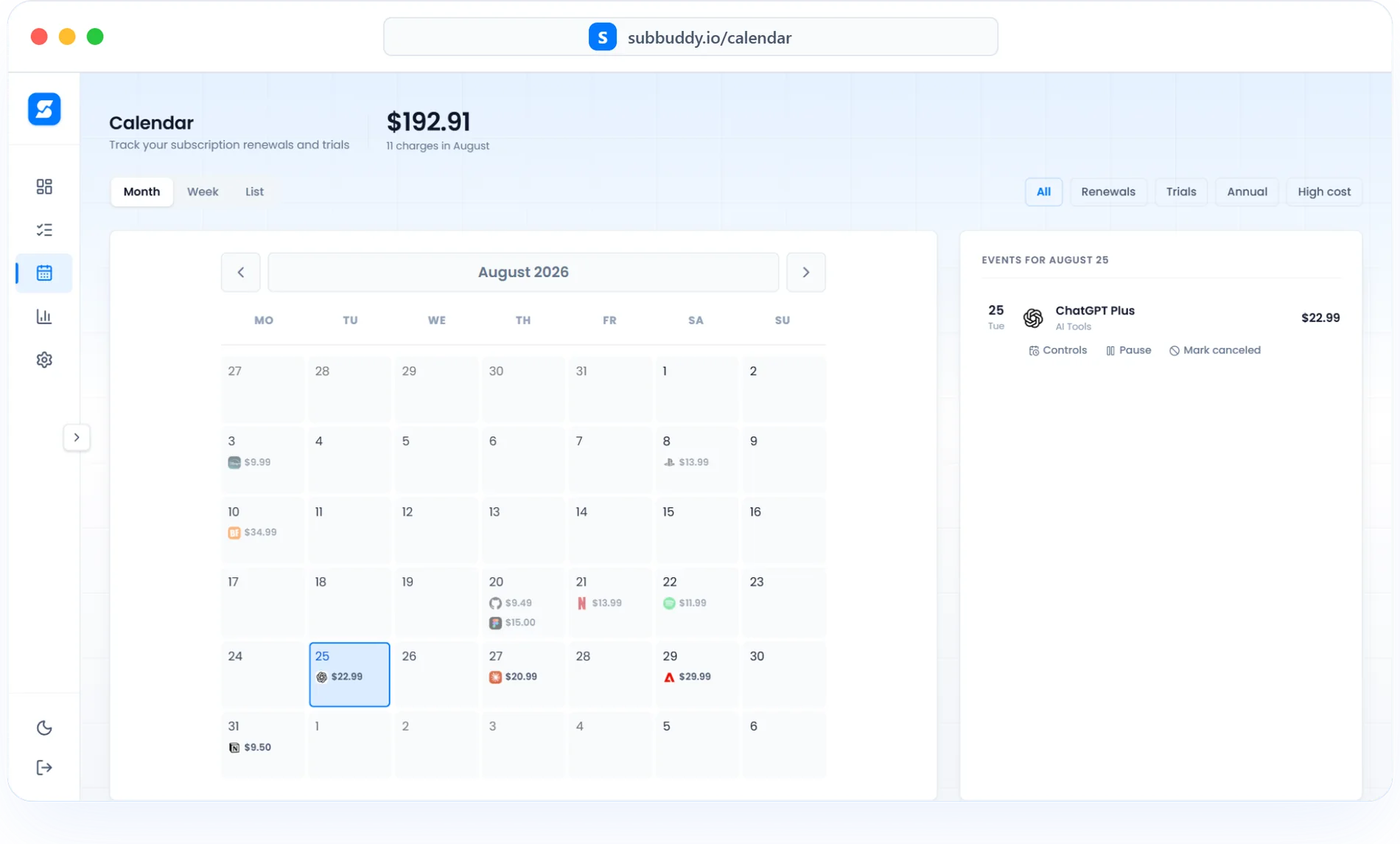 Der SubBuddy-Kalender: ein Monat voller Verlängerungen mit Logos und Beträgen, dazu die Liste der noch ausstehenden Abbuchungen