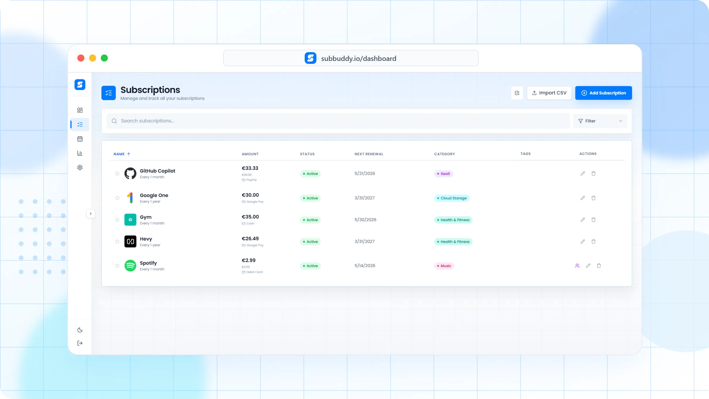 Track subscriptions without linking your bank account shown in SubBuddy