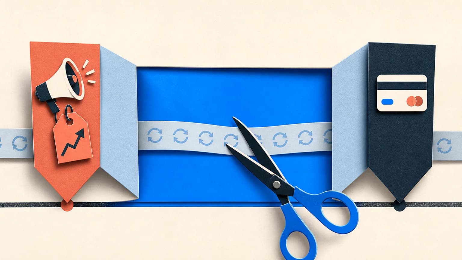 Un anuncio de subida de precio y una tarjeta enmarcan una ventana azul donde todavía se puede cortar una cinta de cobro recurrente