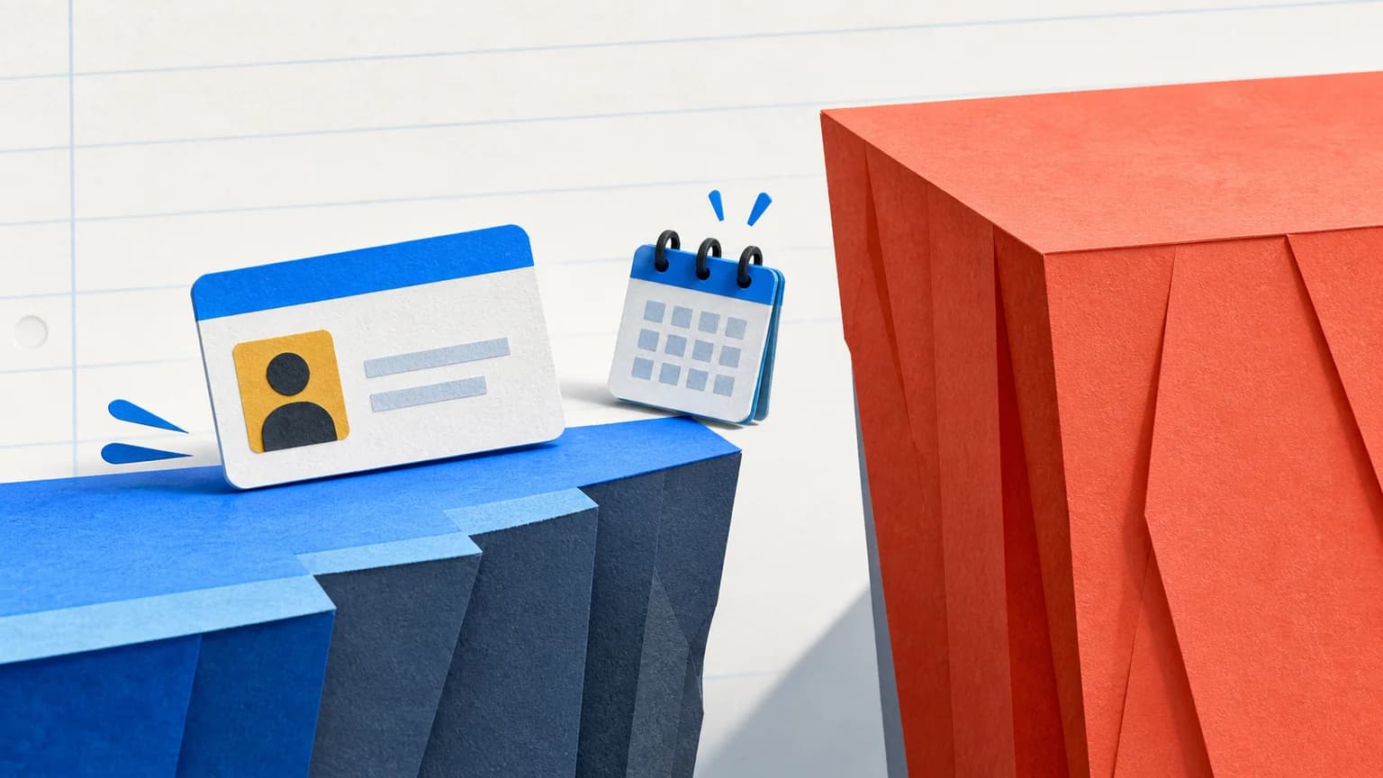 A student card and calendar sit at the edge of a low blue price cliff facing a much higher coral cliff