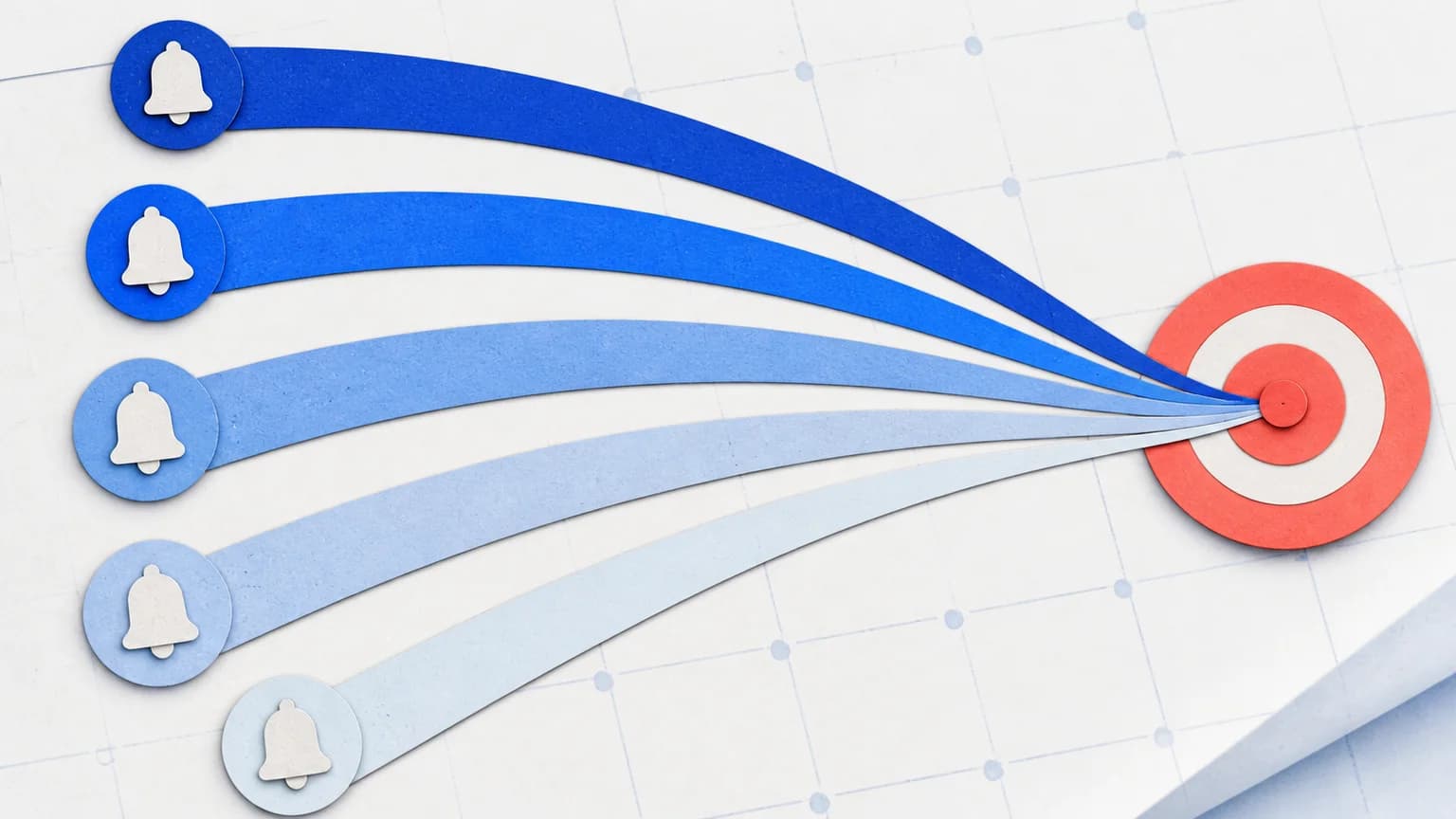 Five blue warning arcs start at different distances and converge on the same coral renewal target