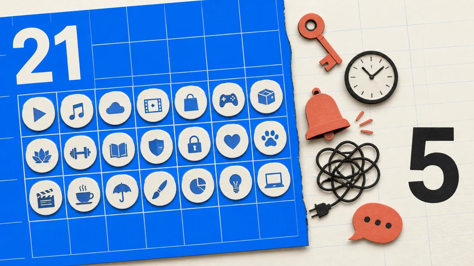 A blue grid marked 21 contains subscription icons while five real-world items spill outside it