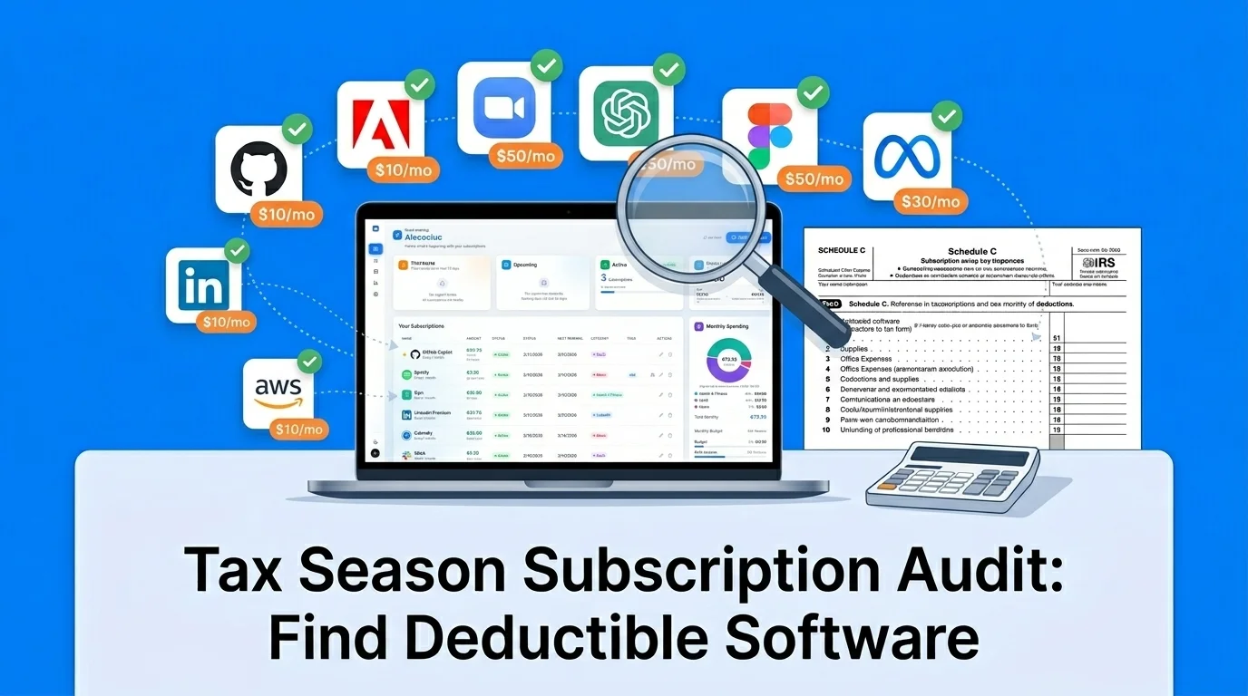 Tax season subscription audit — laptop showing software subscriptions next to tax forms and a calculator, with highlighted deductible business expenses