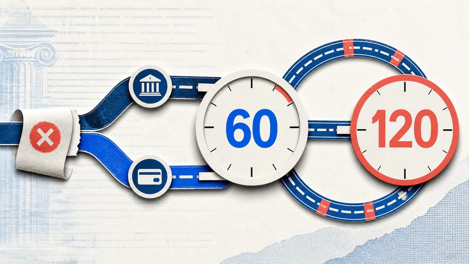 A canceled payment ribbon branches into bank and card rails beside large clock faces marked 60 and 120