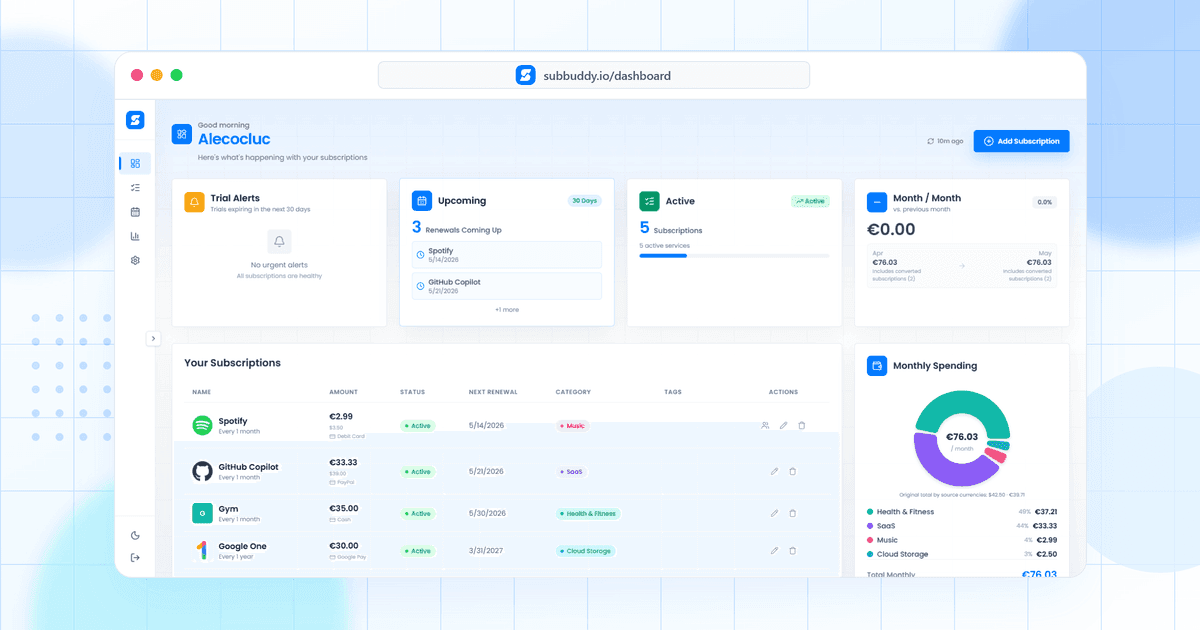 SubBuddy 1.4.0 product update showing the refreshed dashboard in a clean blue branded presentation